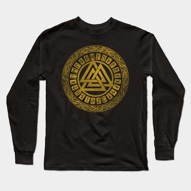 Gold   Valknut Symbol with runes Long Sleeve T-Shirt by Nartissima